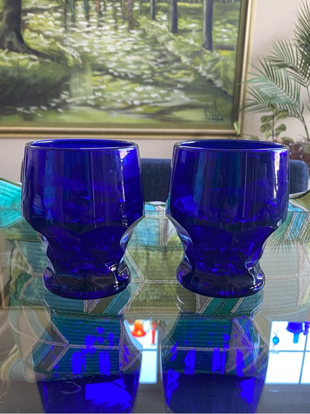 Vtg Viking Glass Cobalt Blue Tumblers Georgian Faceted Barware Set of 2